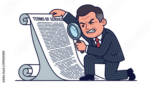 Businessman carefully scrutinizing 'Terms of Service' document with magnifying glass, examining legal fine print.