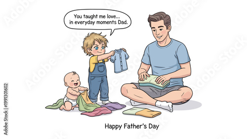 Father's Day Illustration: A heartwarming illustration of a father spending quality time with his children, as they share the joy of everyday moments. The scene depicts a father, sitting cross-legged.