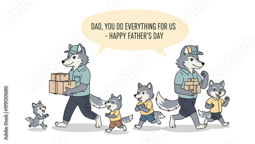 Father's Day Delivery: Animated wolves, embodying familial warmth, carry gifts, a visual ode to a father's dedication. With a father figure delivering gifts to his wolf cubs.