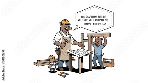 Father's Day Cartoon: A heartwarming cartoon portrays a father pig, a skilled craftsman, working alongside his son.