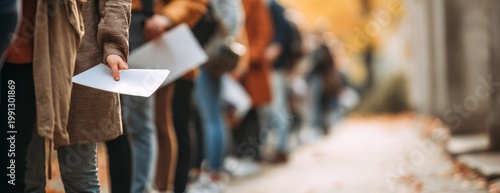 Students standing in line outdoors holding papers in autumn season  