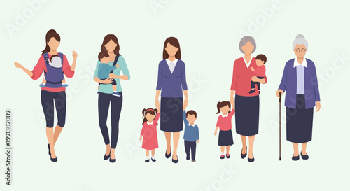 Set of diverse women at different life stages showing growth and motherhood.