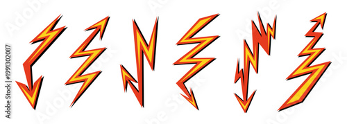 Yellow and red lightning bolt arrows set isolated on transparent background. Flat pop art style zigzag pointers and comic book thunder signs for advertising and web design.