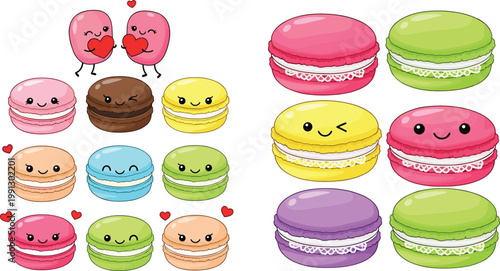 Cute macaron cartoon character collection with colorful sweet desserts and funny expressions vector illustration set isolated on light background