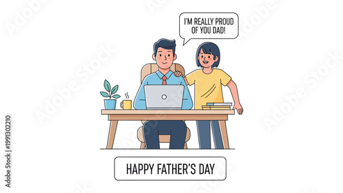 Father's Day Dedication: A tender illustration portraying a daughter expressing pride and affection towards her father, working on laptop. A heartfelt message of appreciation.