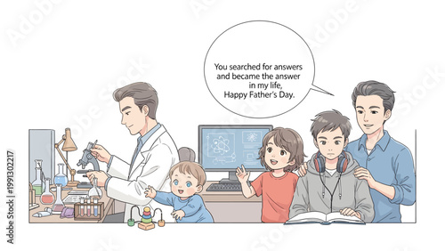 Father's Day in Science: A touching illustration portrays a father scientist guiding his young child through the wonders of a lab, while his other children look on.