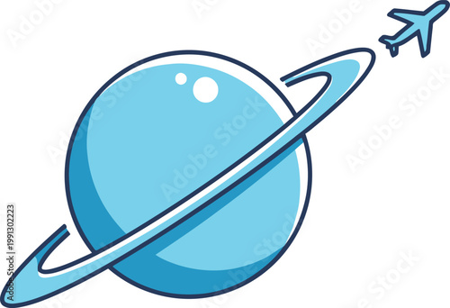 Stylized blue planet with prominent rings and a small airplane flying away symbolizes.