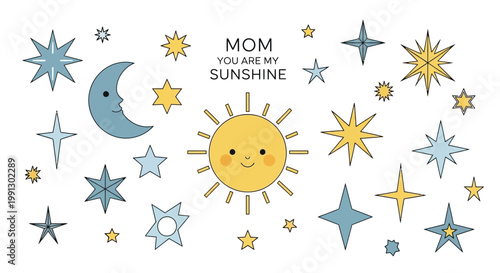 Hand drawn celestial doodle collection with sun and moon and stars for Mother Day.