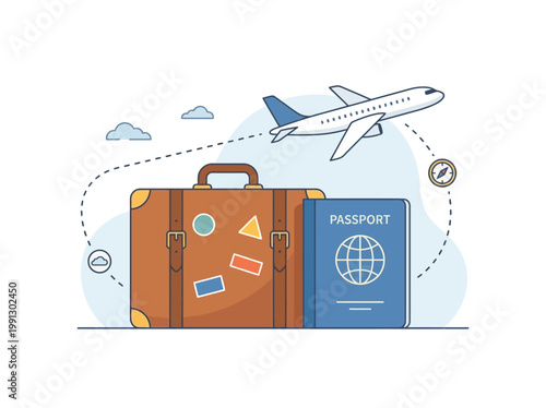 Travel suitcase and passport with airplane flying in the sky illustration.