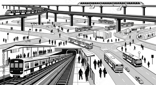 Modern transportation hub with trains, buses, and elevated walkways.