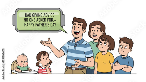 Father's Day Dad's Advice: A lighthearted cartoon scene captures a father sharing his wisdom with his children, while they appear less than enthusiastic.