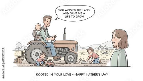 Rooted in Love: A heartwarming father's day scene unfolds. A father drives a tractor on a sunny day with his children around him, as his partner looks on with a smile, celebrating love.