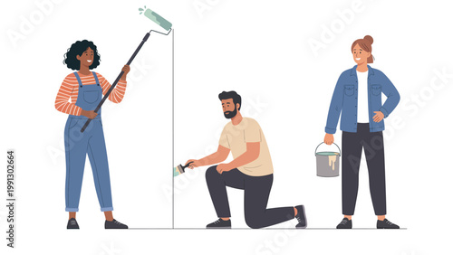 Diverse Team Painting Wall. Home Renovation, DIY Project. People with Rollers & Brushes.
