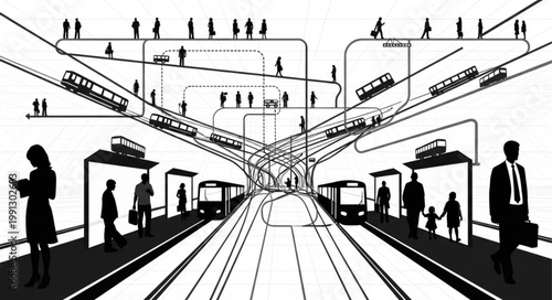 Modern Urban Transportation Hub with Futuristic Architecture and Commuters.