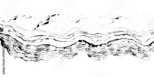 Abstract monochrome texture with flowing wavy distortion lines across the top and dense cracked, rocky patterns below, resembling eroded terrain or seismic layers, distressed grunge style background.