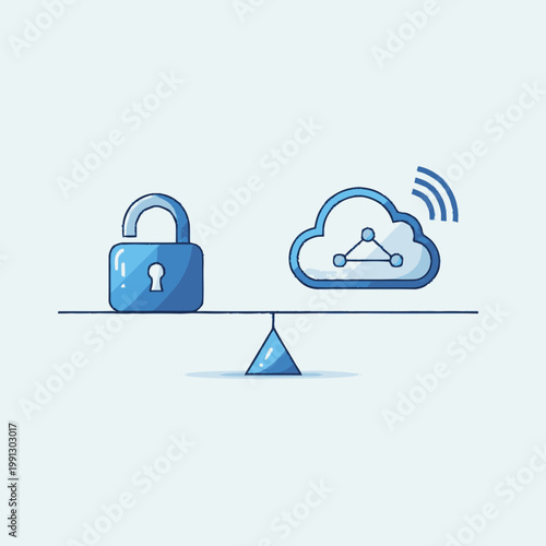 Cloud computing and data security balance concept with padlock and cloud icon on a seesaw, illustrating the equilibrium between accessibility and protection in digital environments.