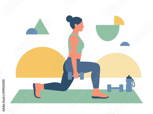 Woman performing dumbbell lunges for leg and glute workout.