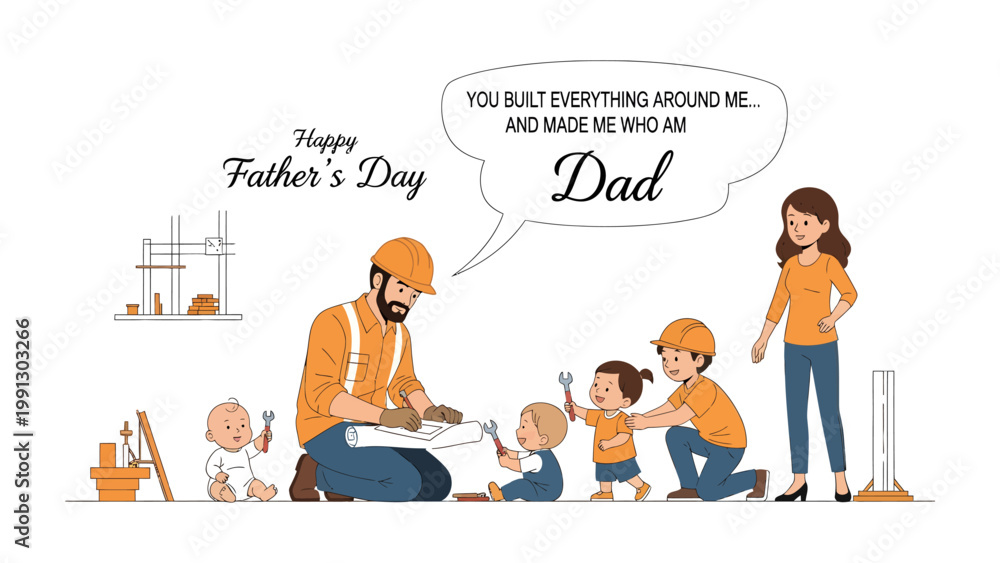Fototapeta premium Father's Day Dedication: A heartwarming scene depicts a devoted father, construction worker, sharing a tender moment with his children, while a loving mother looks on.