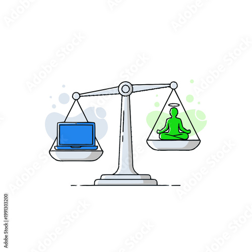 Scales balancing a laptop and a meditating person, representing work-life balance and digital detox concept.