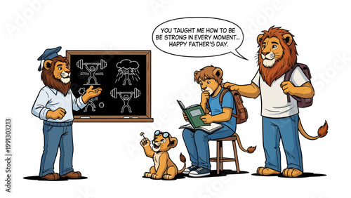 Family Education: An educational scene featuring a lion family learning and sharing knowledge, promoting the importance of guidance and wisdom.