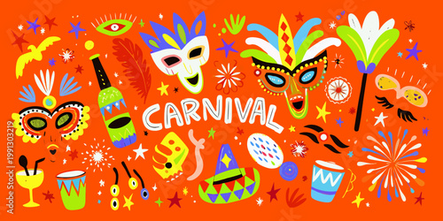 A vibrant and colorful illustration depicting elements of a carnival celebration