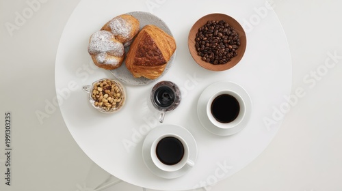 Coffee and Pastry on White Table.