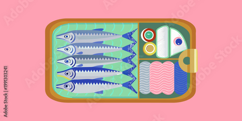 An illustrated open sardine can with fish lemon and tomato slices