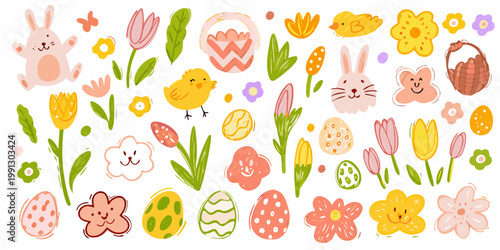 Colorful easter illustration with bunnies chicks flowers and decorated eggs