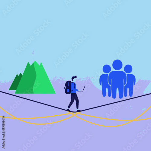 Man balancing on a tightrope with a laptop, representing remote work and challenges.