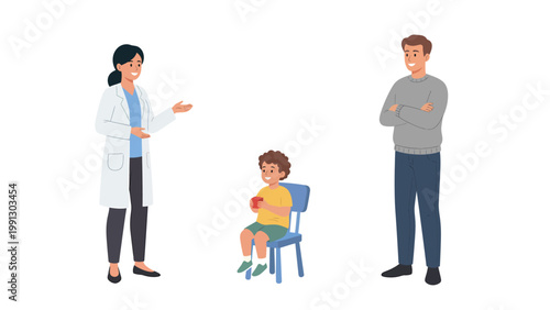 Doctor discussing health with a young patient and parent in a medical consultation setting