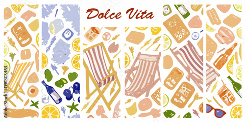 Colorful pattern featuring beach chairs citrus fruits and summer vacation items