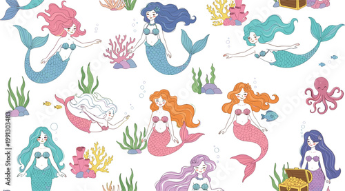 Cute mermaid cartoon set with underwater sea life fantasy characters vector illustration