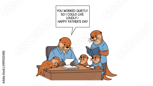 Father's Day Otter Family: A heartwarming scene depicting an otter father, alongside his children, studying together, conveys messages of dedication, familial bonds, and cherished moments.