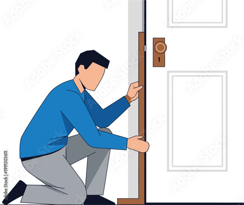 Professional Handyman Repairing Wooden Door Frame Flat Vector Illustration