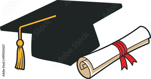 Graduation cap with gold tassel alongside a rolled diploma scroll, symbolizing academic.