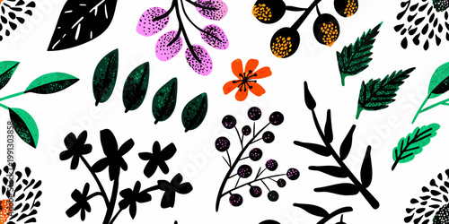 Colorful botanical illustration featuring stylized leaves flowers and stems