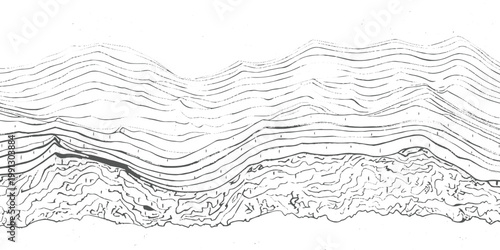 Abstract monochrome texture with flowing wavy distortion lines across the top and dense cracked, rocky patterns below, resembling eroded terrain or seismic layers, distressed grunge style background.