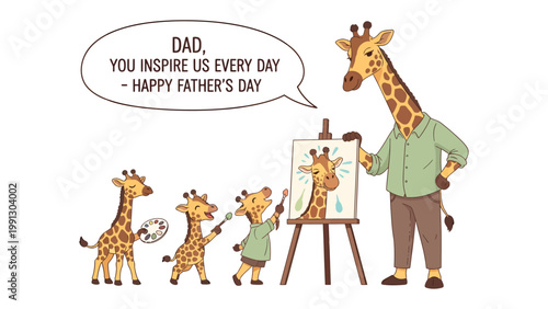 Father's Day Giraffe Art: A heartwarming illustration of a giraffe family, celebrating Father's Day with an artistic tribute and affectionate message of inspiration. 