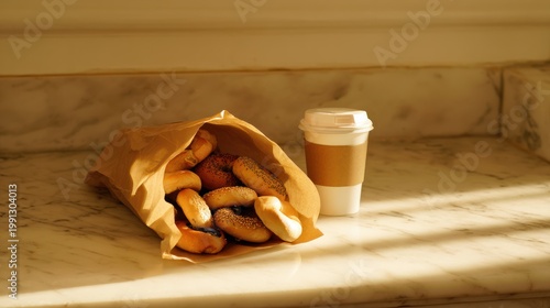 Coffee and Croissants on Marble Countertop.