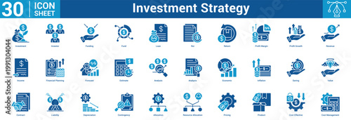 Investment Strategy editable icon set vector illustration concept for business with icon of Investment, Investor, Funding, Fund, Loan, Roi, Return, Profit Margin, Profit Growth, Revenue, Income.