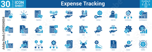 expense tracking editable icon set containing expenditure, cost, overhead, labor, allocation, management, budget, forecast, estimate, analysis, audit, saving, value, pricing, and more.
