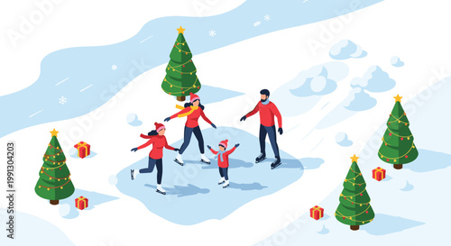 Happy family with children enjoying a winter day ice skating on a frozen pond surrounded by decorated Christmas trees.
