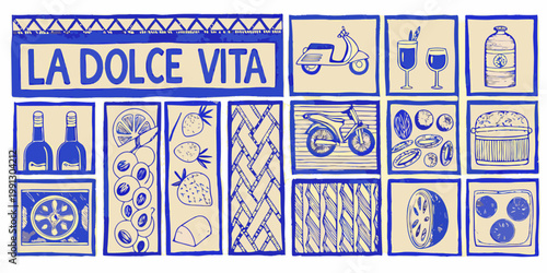 Italian themed collage featuring food drinks and transportation imagery