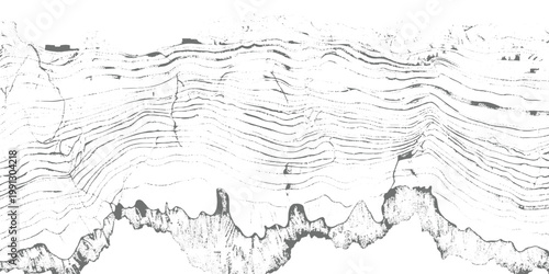 Abstract monochrome texture with flowing wavy distortion lines across the top and dense cracked, rocky patterns below, resembling eroded terrain or seismic layers, distressed grunge style background.