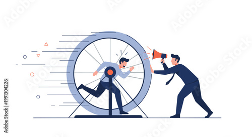 Man running inside a large hamster wheel while a manager shouts through a megaphone to represent workplace pressure and stress.