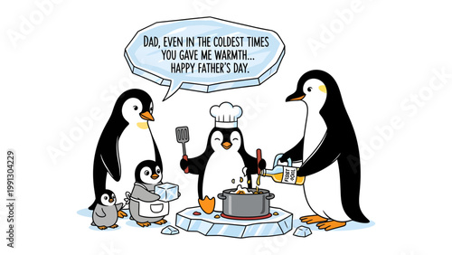 Father's Day Feast: A heartwarming scene unfolds with a penguin family preparing a special meal for Father's Day, illustrating warmth and affection.