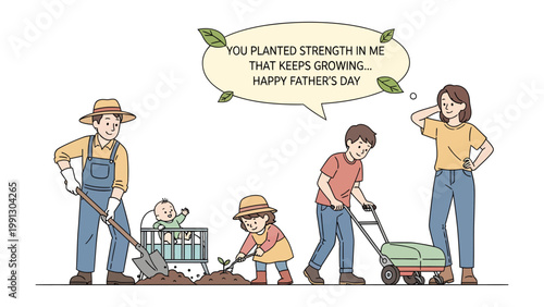 Family's Father's Day Tribute: An artistic representation of a family engaged in garden work as a Father's Day gesture. With tender touch and loving support.