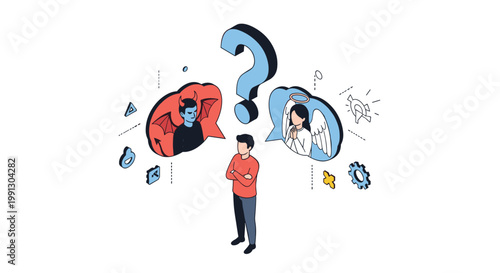 Young man standing between a devil and an angel in speech bubbles representing an internal moral conflict or difficult choice.