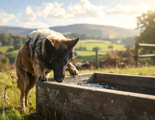 A German Shepherd, with its head lowered, drinks from a rustic wooden trough in a sun-drenched pastoral scene with rolling hills