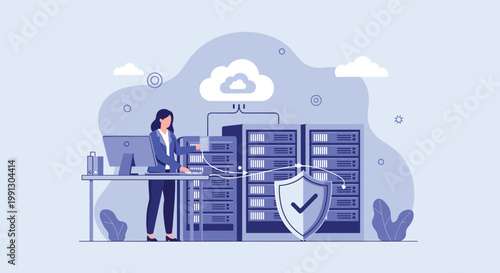 Professional IT specialist managing data security in a server room with a protective shield icon representing network safety.